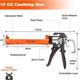 ValueMax 10oz Caulk Gun – 9-Inch Professional Sealant Dispenser with Smooth Rod, 360° Rotatable Barrel, and Built-In Spout Cutter for Home Improvement & DIY Projects