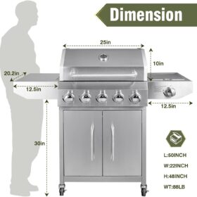 Bestfire 68,000 BTU 5-Burner Propane Gas Grill with Side Burner & Warming Rack – Stainless Steel Outdoor BBQ Grill with Cart Design & 647 sq in Cooking Area