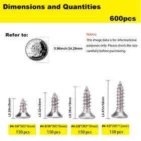 600-Piece #4 Wood Screw Assortment Kit – 304 Stainless Steel Flat Head Screws with Phillips & Flat Heads – 4 Sizes (1/4”, 5/16”, 3/8”, 1/2”) for Furniture, Cabinet & DIY Projects