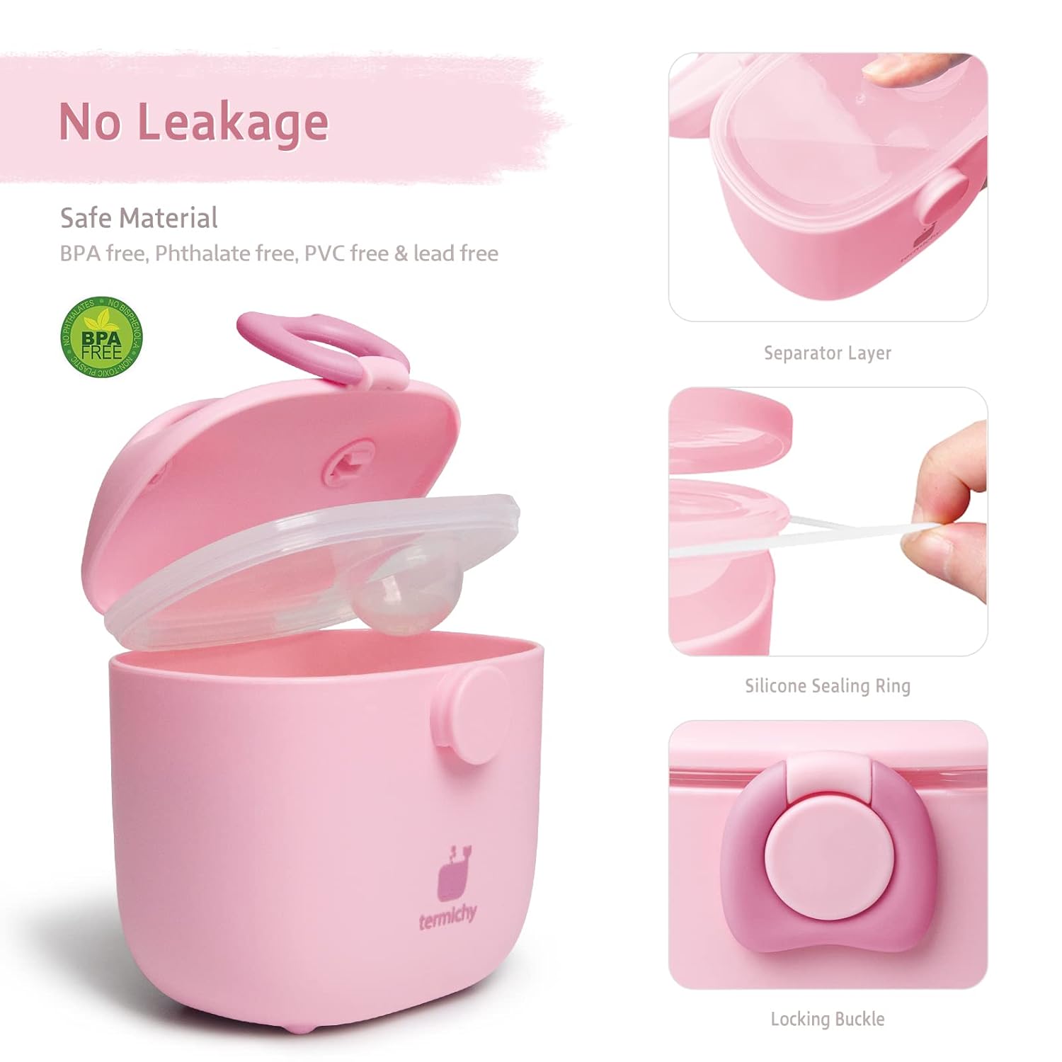 Termichy Baby Formula Dispenser – Portable 8.8oz Milk Powder Container with Handle, Airtight Seal & Scoop Compartment – Travel-Ready Food Storage for Infants (Light Pink)