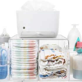 LuciClear Premium Acrylic Diaper Caddy – Modern Changing Table Organizer with 4 Detachable Compartments, Nursery Storage for Wipes, Diapers & Baby Essentials