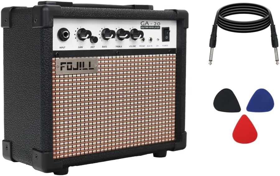 Fojill 20W Electric Guitar Amplifier – Portable Practice Amp with Headphone Jack, Distortion, Gain, and EQ Controls (Black)