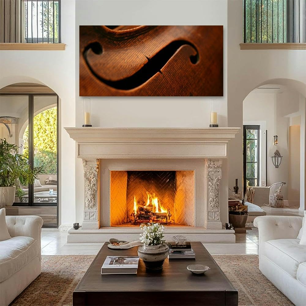 Viola Instrument Close Up Canvas Wall Art - Large Framed Music Room Decor, Rustic Antique Musical Instruments Print, 24x47 Inch Wood Framed Artwork for Living Room & Bedroom