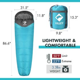 VILLEY Mummy Sleeping Bag – 3-4 Season Lightweight Camping & Backpacking Gear for Adults & Kids (Waterproof, 23°F-50°F)