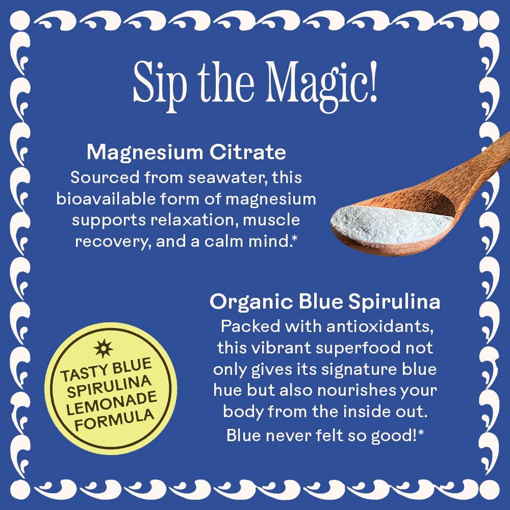 Wooden Spoon Herbs Magic Magnesium Citrate Powder – Blue Lemonade Drink Mix for Sleep, Digestion & Muscle Recovery – 200mg Sea-Sourced Magnesium Supplement (3.7oz)
