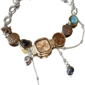 Vintage Timepiece Pendant Necklace with Seashell Charm & Gemstones | Gold-Tone & Silver-Tone Dual Chain Jewelry for Women
