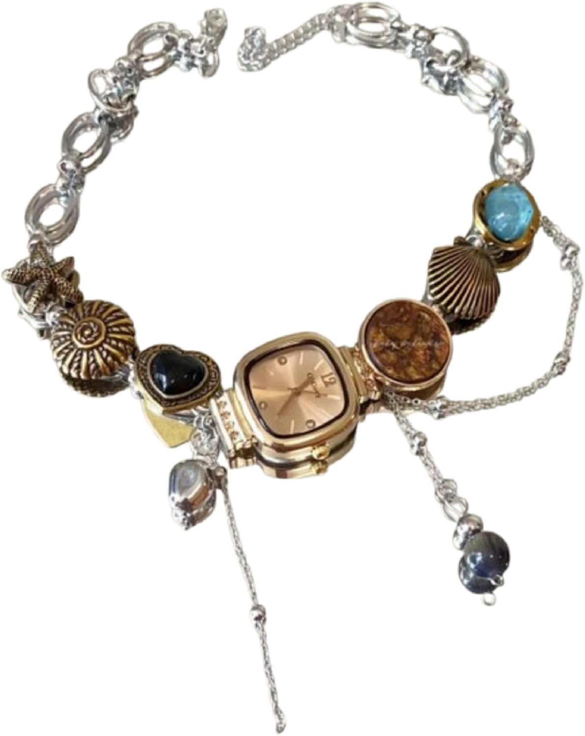 Vintage Timepiece Pendant Necklace with Seashell Charm & Gemstones | Gold-Tone & Silver-Tone Dual Chain Jewelry for Women