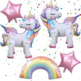 5-Piece Self-Standing Unicorn Balloon Set – 3D Rainbow & Star Foil Party Decorations for Birthdays