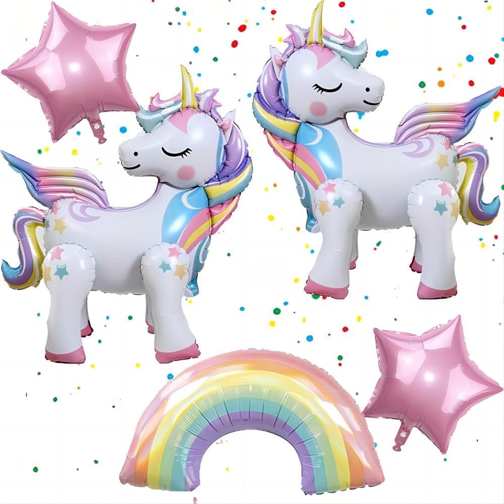 5-Piece Self-Standing Unicorn Balloon Set – 3D Rainbow & Star Foil Party Decorations for Birthdays