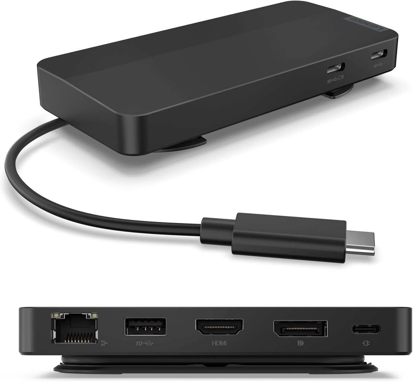 Lenovo USB-C Dual Display Travel Dock with Power Delivery – 7-in-1 Portable Hub, 4K Resolution Support, Integrated Cable (Black)