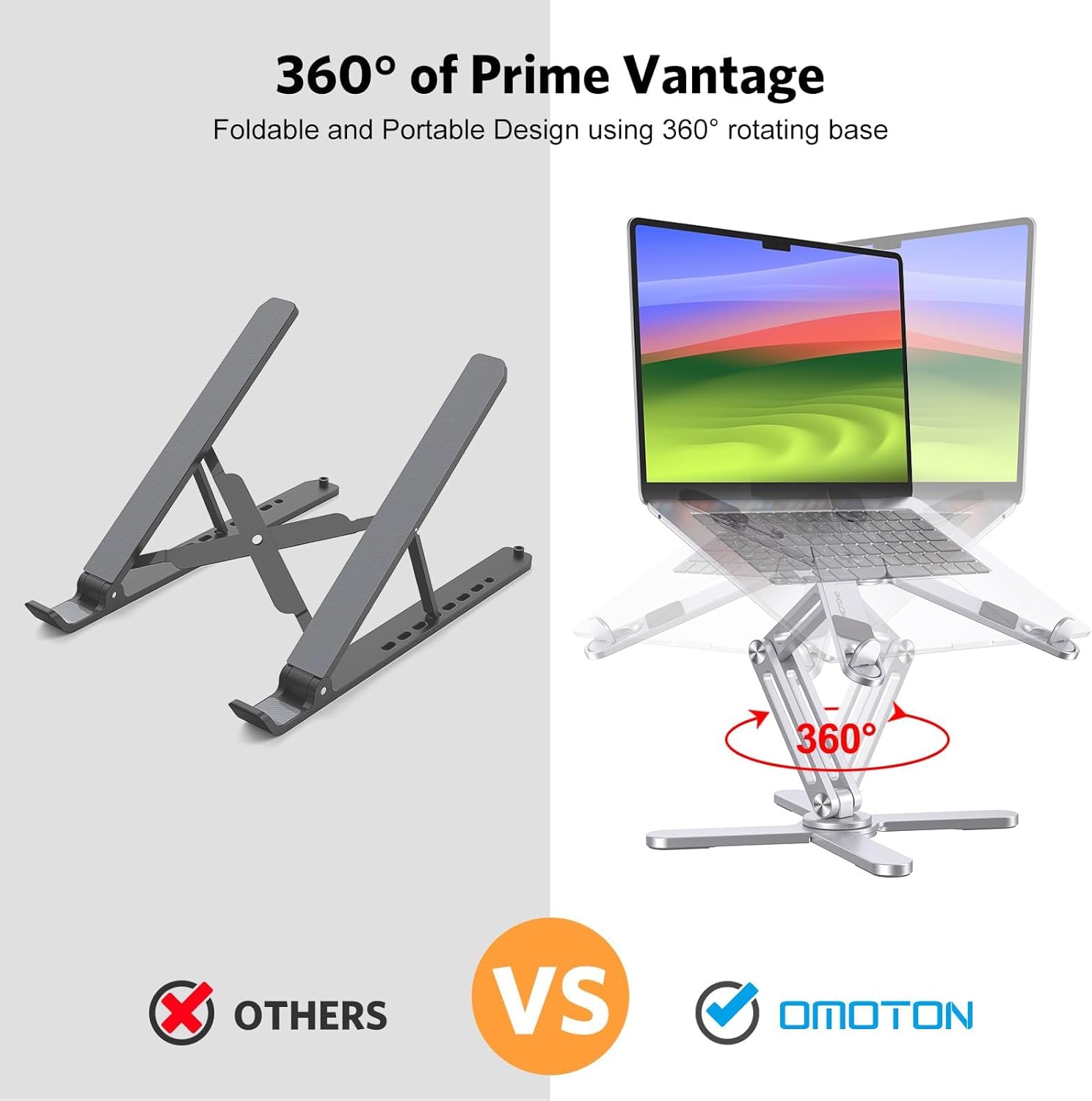 OMOTON 360° Rotating Laptop Stand | Ergonomic Aluminum Riser for 11-16 inch MacBook, Dell, HP | Foldable, Adjustable Height & Heat Dissipating