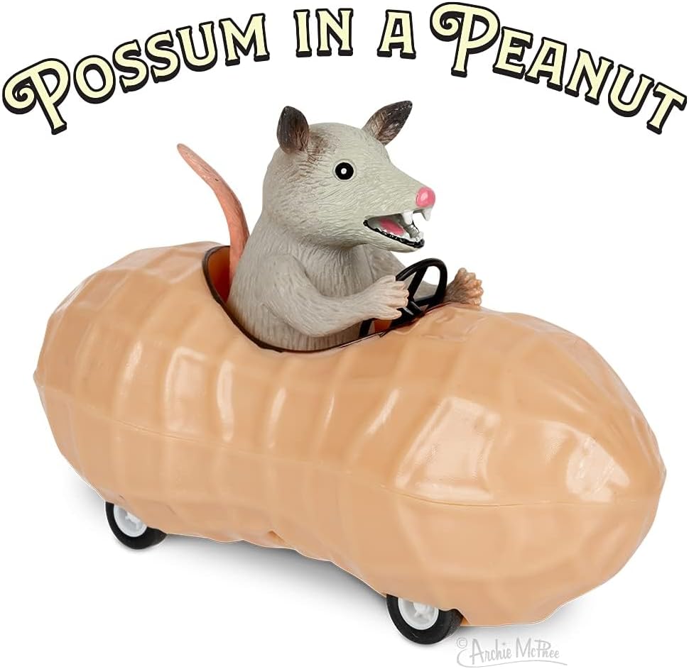 Archie McPhee Possum in a Peanut Pull-Back Toy Car - Novelty 5" Vinyl Vehicle for Kids & Collectors