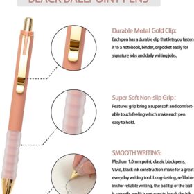 Linbsunne Gold Retractable Ballpoint Pens – 12 Pack, 1.0mm Medium Point, Black Ink with Super Soft Non-Slip Comfort Grip – Premium Office & School Supplies