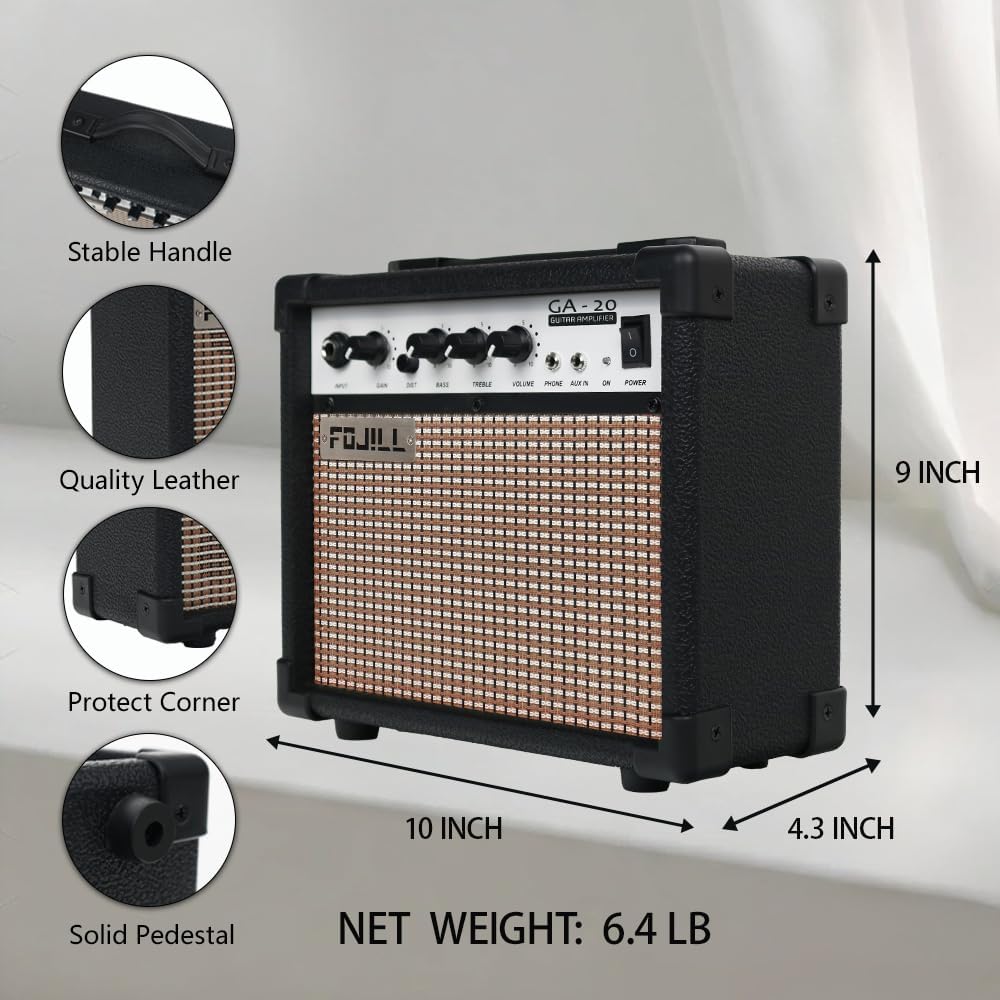 Fojill 20W Electric Guitar Amplifier – Portable Practice Amp with Headphone Jack, Distortion, Gain, and EQ Controls (Black)