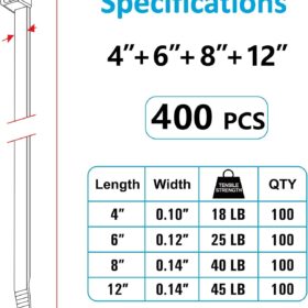 400-Pack UV Resistant Black Zip Ties – Heavy Duty Nylon Cable Ties Assorted Sizes (4”, 6”, 8”, 12”) for Home, Automotive & Electrical Organization