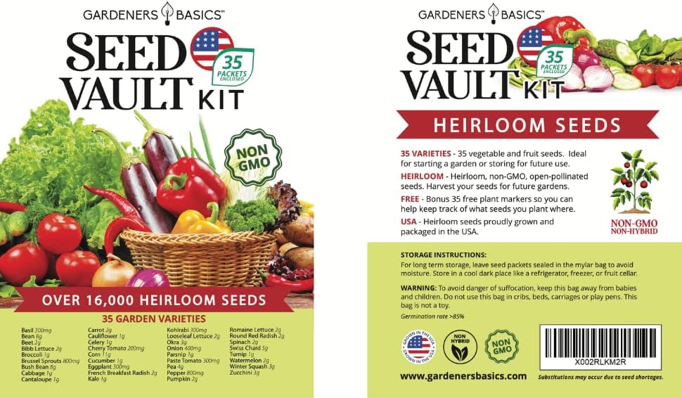 Survival Vegetable Seed Vault: Over 16,000+ Non-GMO Heirloom Seeds for 35 Varieties | Emergency Bugout & Home Gardening Kit with Plant Markers