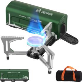 INFOOD Portable Butane Camping Stove – 7,500 BTU Foldable Gas Burner with Piezo Ignition & Safety Sensor for Backpacking, RV, and Emergency Kits (Green)