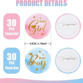 Gender Reveal Pins - 60Pcs Team Boy or Girl Button Badges for Baby Shower Party Games & Decorations (1.75 Inch)