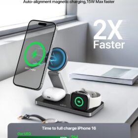 UEQ Foldable 3-in-1 MagSafe Wireless Charging Station for iPhone 17/16/15, Apple Watch & AirPods - Fast Magnetic Charger Stand (Pure Black)