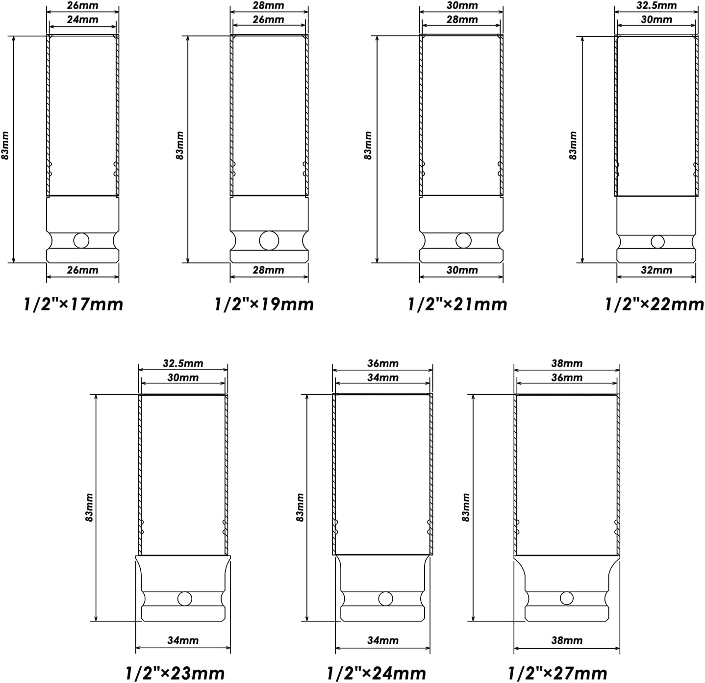 MIXPOWER 7-Piece 1/2" Drive Thin Wall Impact Socket Set – Color-Coded Wheel Rim Protector Sockets with Plastic Sleeves (17mm, 19mm, 21mm, 22mm, 23mm, 24mm, 27mm)