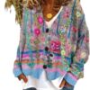Women's Boho Chic Patchwork Cardigan - Button Down V Neck Knit Sweater with Floral & Colorblock Design