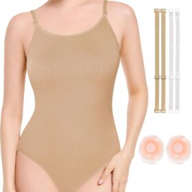 Women's Nude Seamless Ballet Leotard with Clear Adjustable Straps - Dance & Gymnastics Undergarment Top