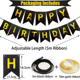 Black & Gold Happy Birthday Banner Decorations Set - 16 Pc 12" Latex Balloons, Metallic Gold & Silver Confetti, Party Supplies for Men Women Adults