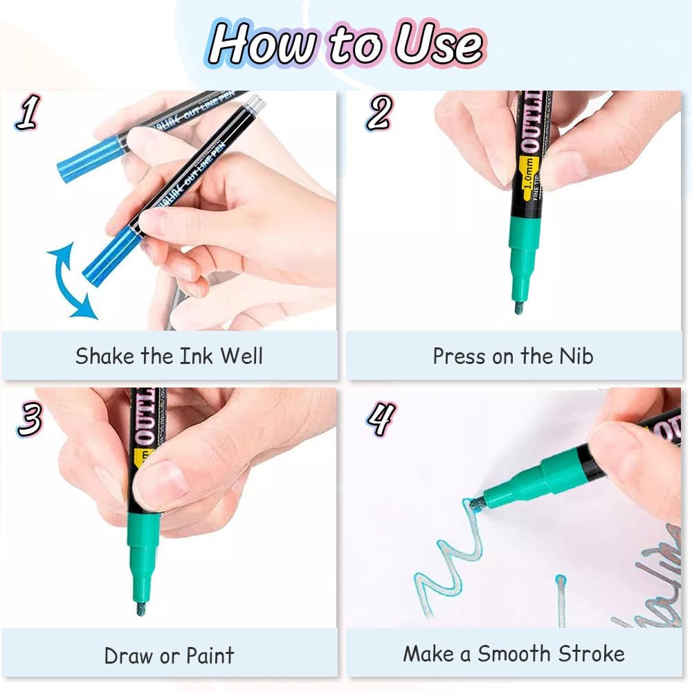 12-Color Metallic Double Line Outline Markers – Dual-Tip Glitter Pens for Scrapbooking, DIY Crafts, Greeting Cards & Art Projects