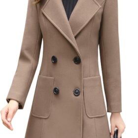 chouyatou Women's Classic Notched Collar Wool Blend Double Breasted Peacoat