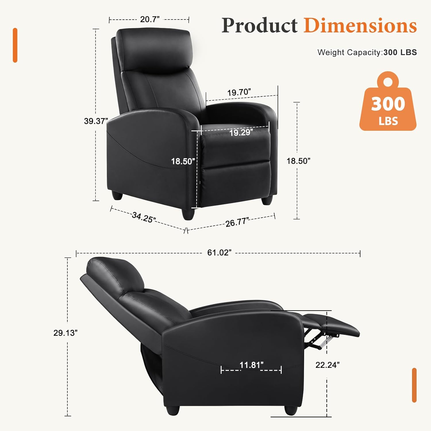 Sweetcrispy PU Leather Recliner Chair – Overstuffed Push-Back Living Room Sofa with Adjustable Footrest and Lumbar Support, 300 lb Capacity (Black)