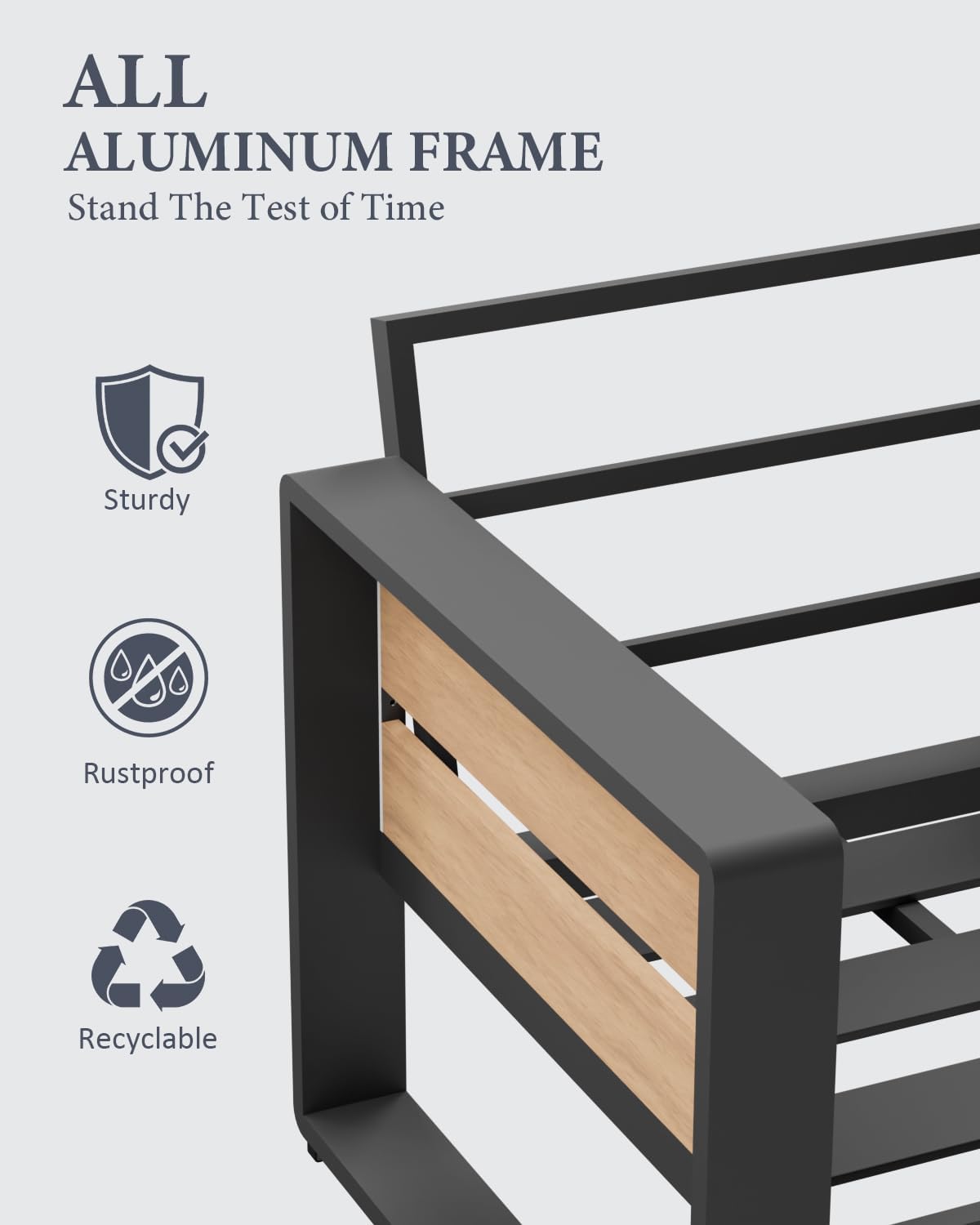 ZANDOR 3-Seater Outdoor Patio Sofa - Grey Powder-Coated Aluminum Frame with All-Weather, Washable Cushions