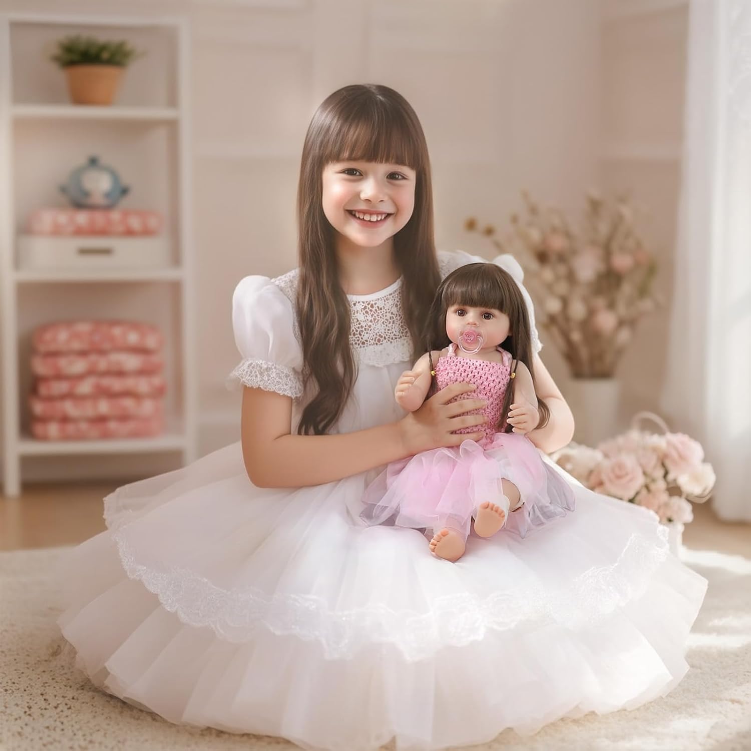 22 Inch Reborn Baby Doll - Lifelike Girl with Hair, Full Vinyl Body & 8-Piece Gift Set - Soft Silicone Realistic Newborn Toy for Kids Age 3+ (Alicia)