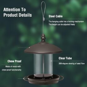 Chew-Proof Metal Bird Feeder for Outdoors – Squirrel Resistant Hanging Wild Bird Seed Station with Easy Clean Base, Bronze