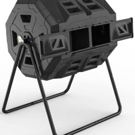 EJWOX 43 Gallon Dual Chamber Tumbling Composter - 2021 Upgraded Black Garden Compost Bin with Built-In Thermometer & Deep Groove Design for Efficient Rotting
