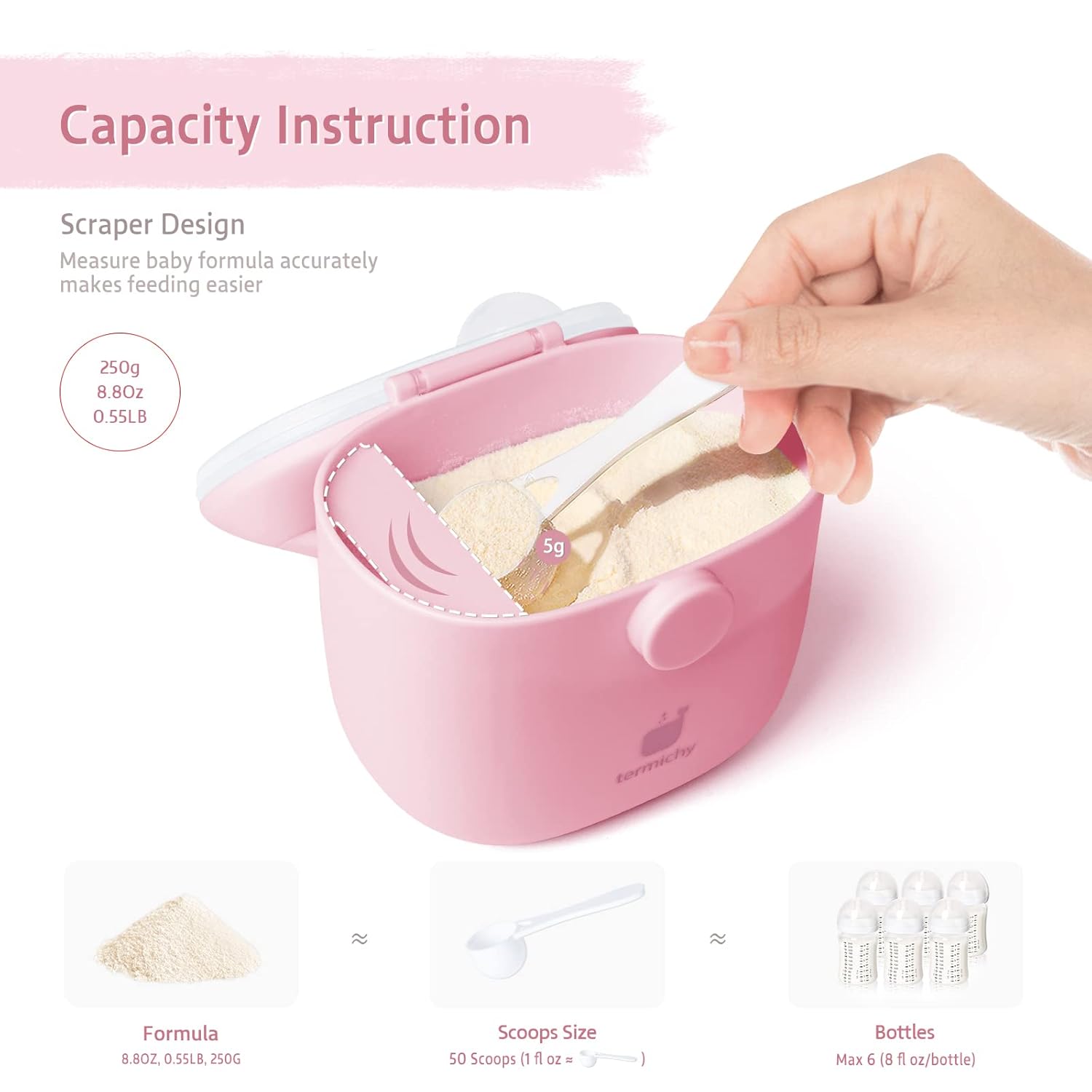 Termichy Baby Formula Dispenser – Portable 8.8oz Milk Powder Container with Handle, Airtight Seal & Scoop Compartment – Travel-Ready Food Storage for Infants (Light Pink)
