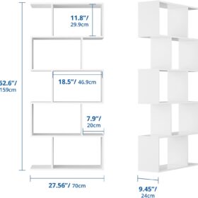 Cozy Castle Set of 2 S-Shaped Geometric Bookcases – 62 inch Tall Modern Bookshelf, 5-Tier Open Display Rack and Room Divider for Home Office, White