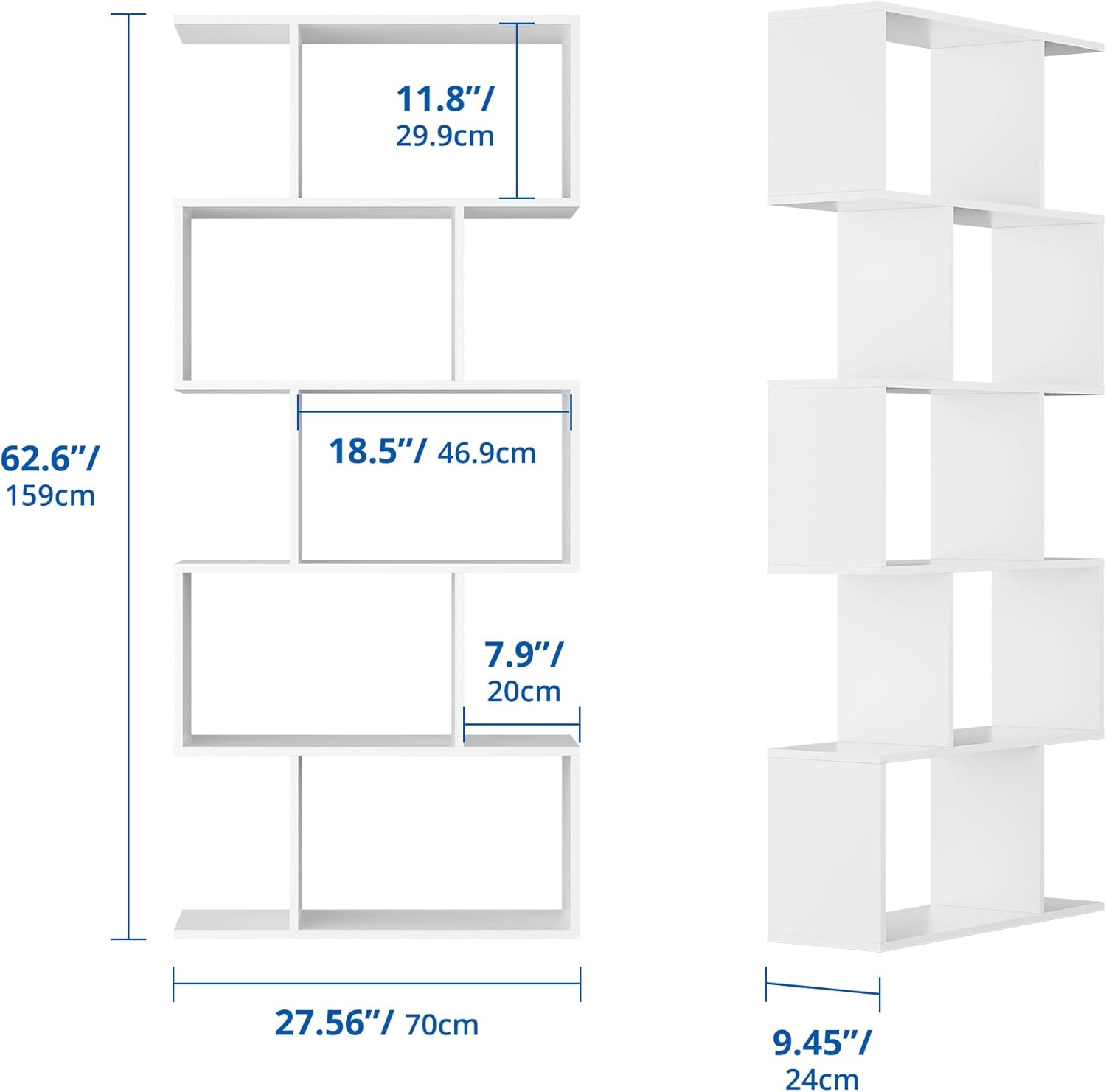 Cozy Castle Set of 2 S-Shaped Geometric Bookcases – 62 inch Tall Modern Bookshelf, 5-Tier Open Display Rack and Room Divider for Home Office, White