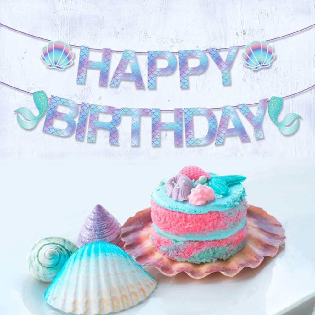 Sparkle Mermaid Birthday Banner Decorations - 13Pcs Under The Sea Party Garland & Hanging Signs for Girls, Baby Showers & Classroom