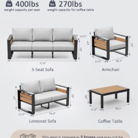 ZANDOR 3-Seater Outdoor Patio Sofa - Grey Powder-Coated Aluminum Frame with All-Weather, Washable Cushions