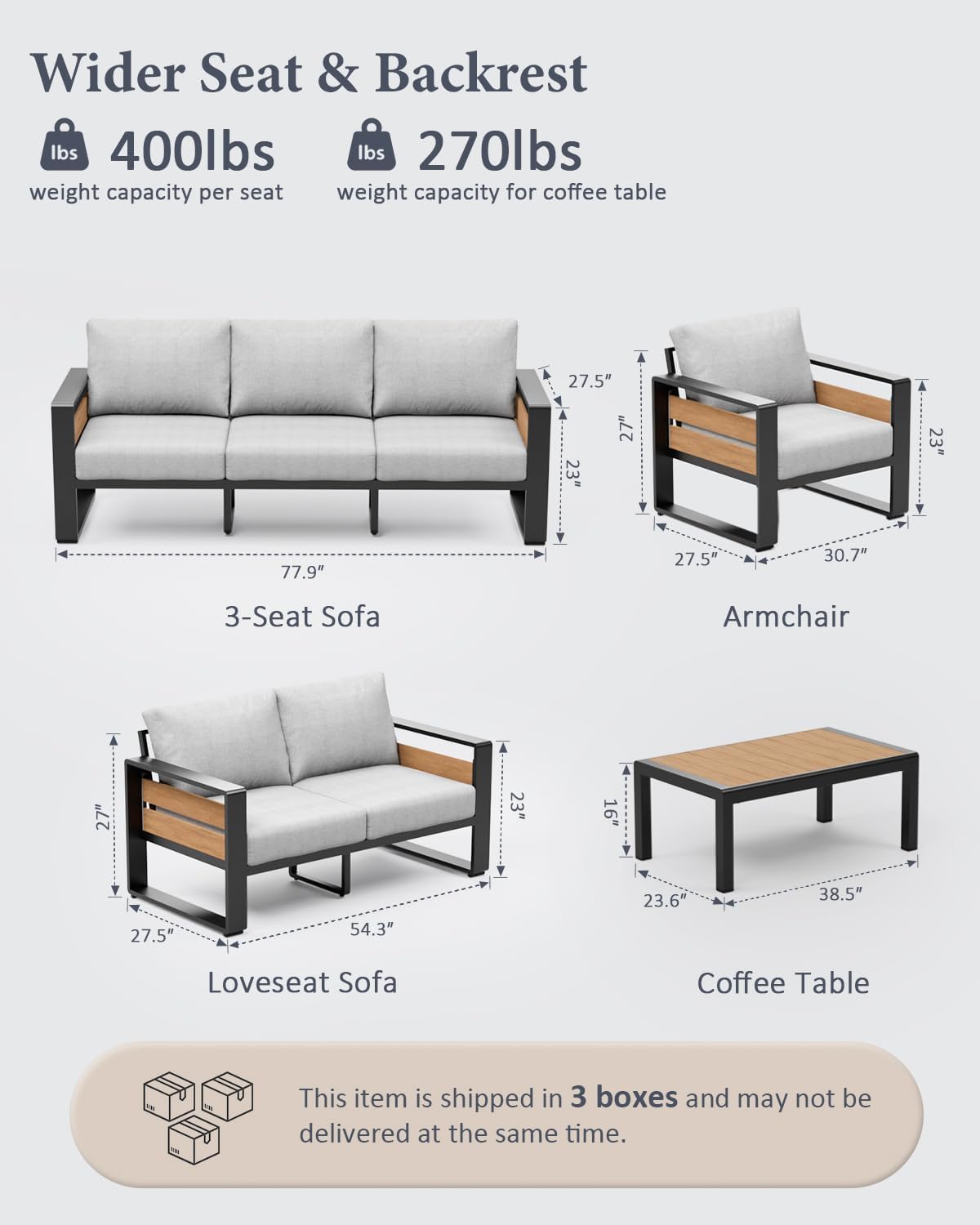 ZANDOR 3-Seater Outdoor Patio Sofa - Grey Powder-Coated Aluminum Frame with All-Weather, Washable Cushions