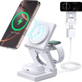 3-in-1 Foldable Magnetic Wireless Charging Station for iPhone 17/16/15/14/13/12, Apple Watch & AirPods – 15W Fast Charging Travel Dock with 18W Adapter