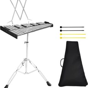 32-Note Professional Glockenspiel Xylophone Kit with Adjustable Stand, Music Stand & Bag – Aluminum Percussion Instrument for Beginners & Adults (Silvery)