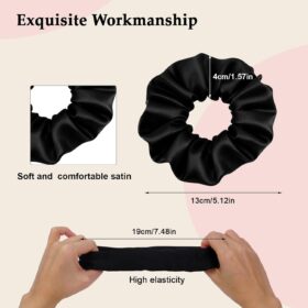 Black Satin Scrunchies for Women - 8PC Large Silk Hair Ties - No Crease, Frizz Free Ponytail Holders for Thick & Thin Hair