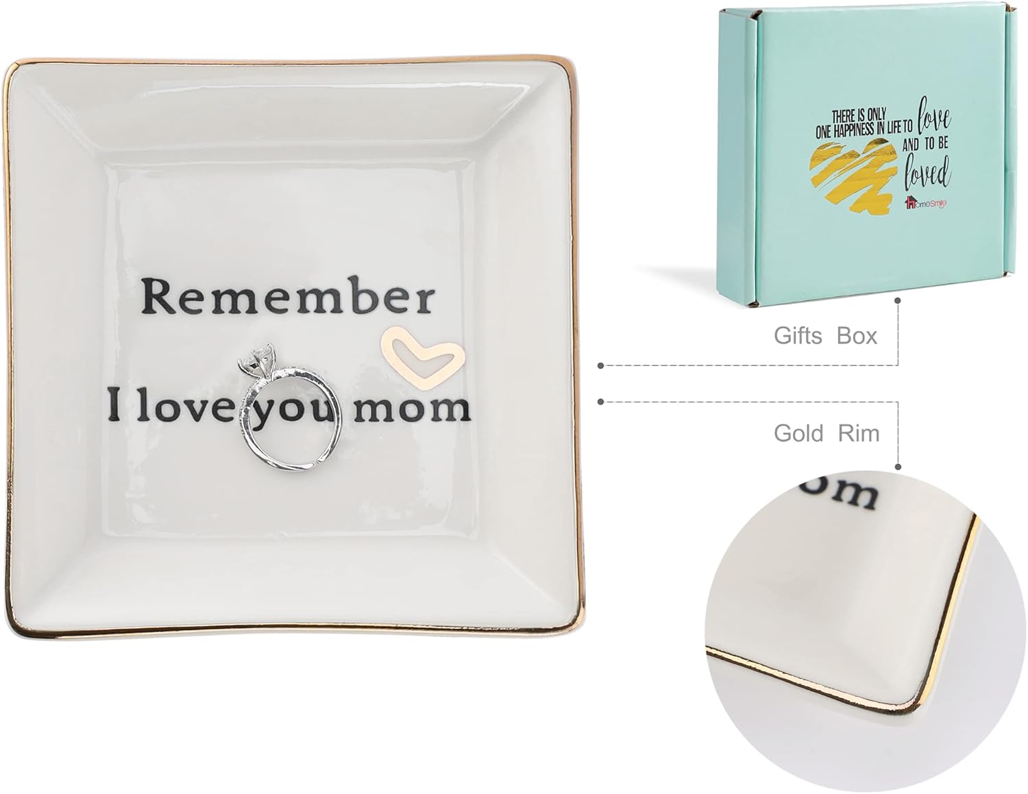 HOME SMILE Ceramic Ring Dish - 'I Love You Mom' Jewelry Tray, Sentimental Gift for Mother's Day, Birthday, Christmas & Valentine's Day