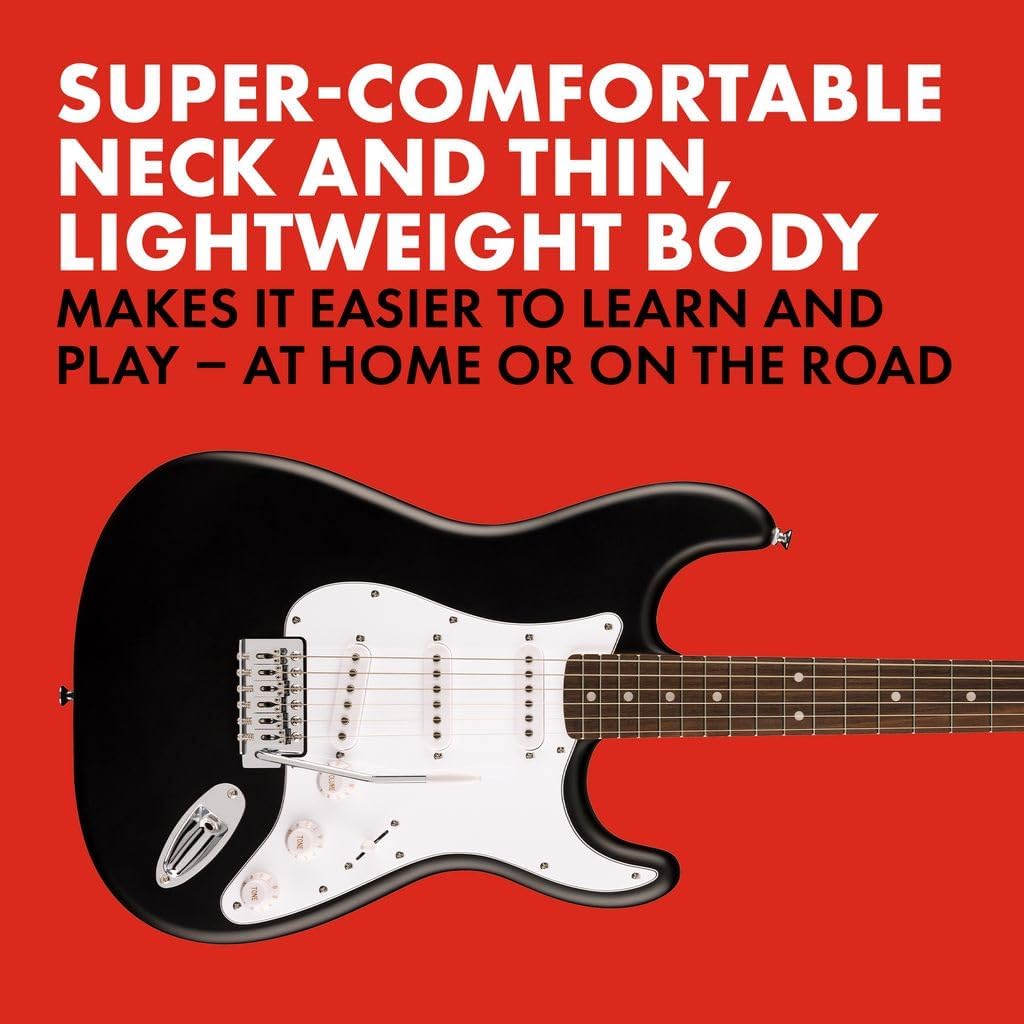 Squier by Fender Debut Series Stratocaster Electric Guitar - Beginner Starter Kit with Free Lessons, 2-Year Warranty, Slim "C" Neck, Matte Black Finish