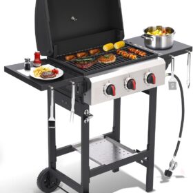 3-Burner 30,000 BTU Propane Gas Grill with Cast Iron Grates & Stainless Steel Griddle – Portable Outdoor BBQ with Folding Side Shelves