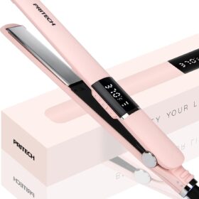 PRITECH Professional 1-Inch Titanium Flat Iron Hair Straightener - Dual Voltage 2-in-1 Curler & Straightener with 290°F-450°F Adjustable Heat & Auto Shut-Off (Pink)