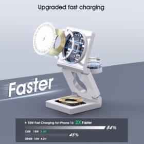 3-in-1 Foldable Magnetic Wireless Charging Station for iPhone 17/16/15/14/13/12, Apple Watch & AirPods – 15W Fast Charging Travel Dock with 18W Adapter