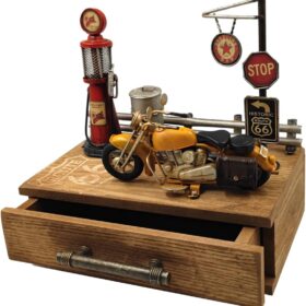 Route 66 Vintage Gas Station Storage Box – Retro Desktop Organizer with Miniature Motorcycle & Gas Pump – Wooden Keepsake Cabinet for Jewelry, Keys, and Office Décor