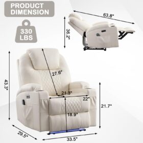 Heated Massage Recliner Chair with Power Recline & LED Lights - 360° Swivel Home Theater Seating with USB Port & Cup Holders, Beige Faux Leather